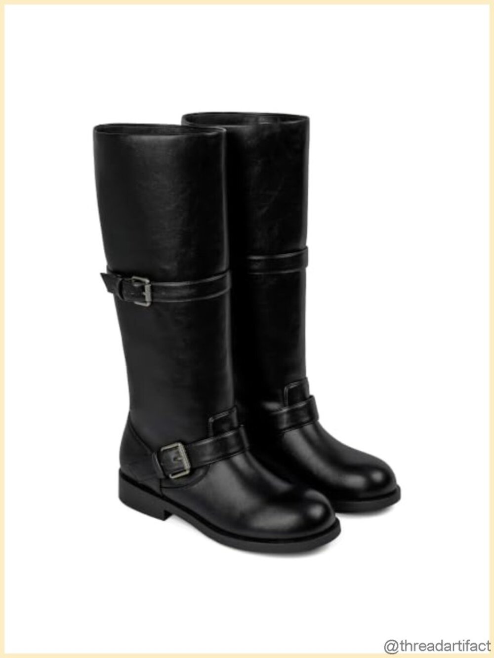 QIY Women's Faux Leather Knee-High Riding Boots Double Buckle Flat